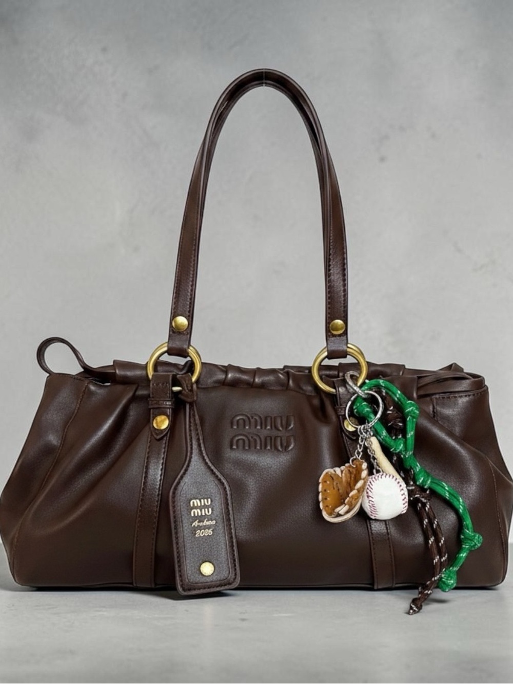 Miu Miu Dark Brown Leather Shoulder Bag with Green Charm - Picture 2 of 10